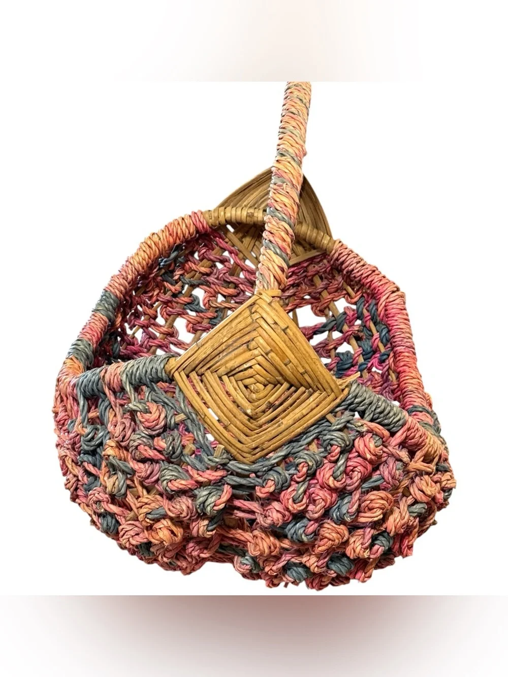 Large Colorful Woven Boho Boat Basket Pink Purple Teal and Tan  22” x 18” x 14”